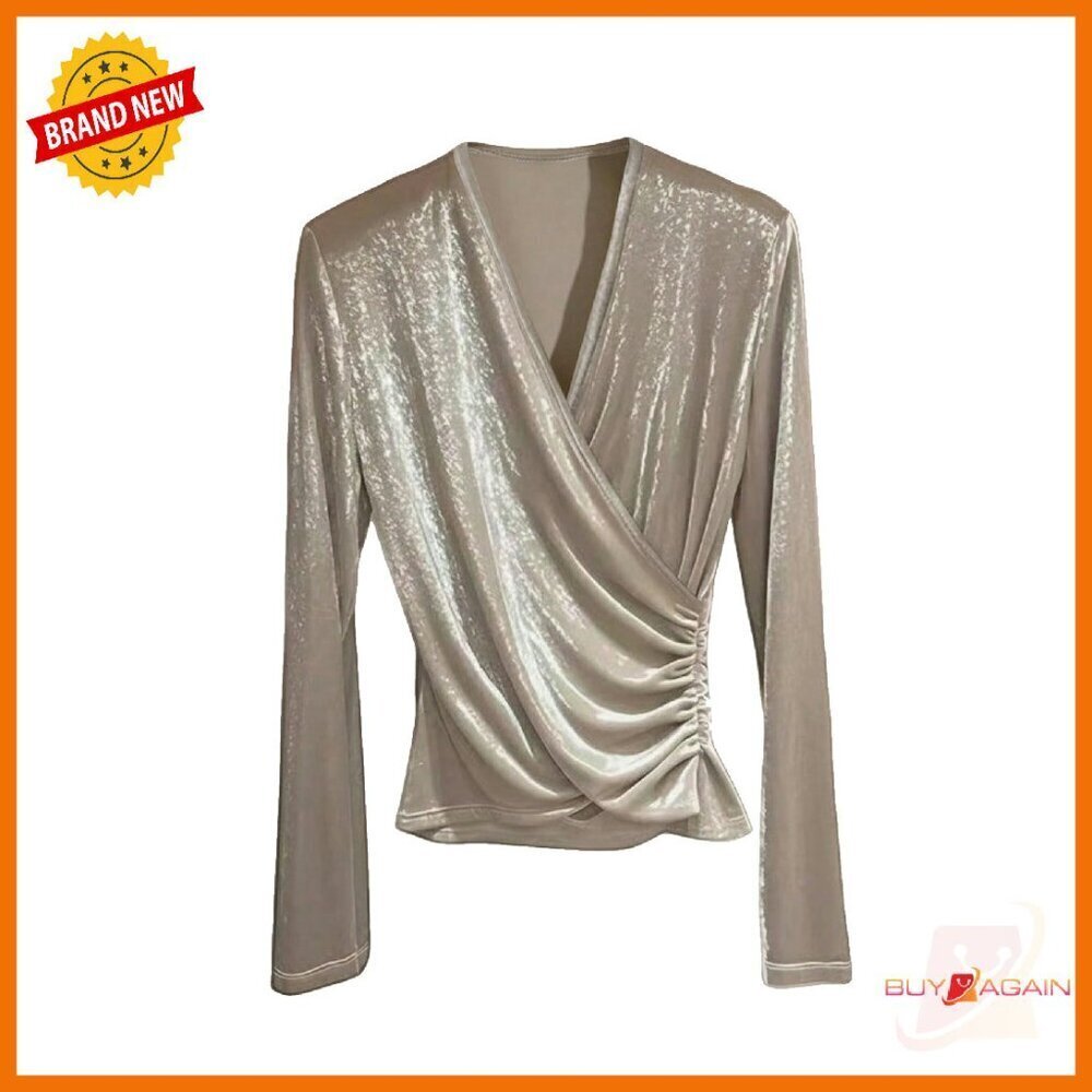 Velvet Wrap V Neck Ruched Long Sleeve Top S M L